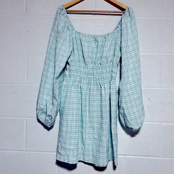 LEYDEN chambray smock elastic high waist balloon offshoulder gingham dress green - Picture 8 of 12